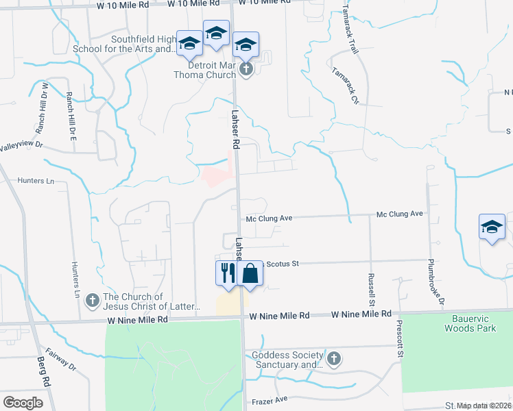 map of restaurants, bars, coffee shops, grocery stores, and more near 23800 Lahser Road in Southfield