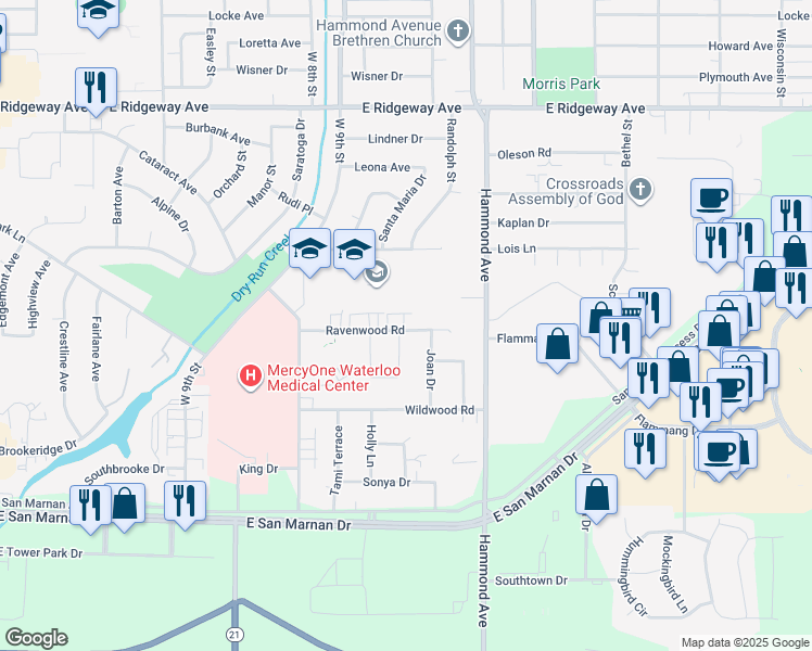 map of restaurants, bars, coffee shops, grocery stores, and more near 1237 Ravenwood Road in Waterloo