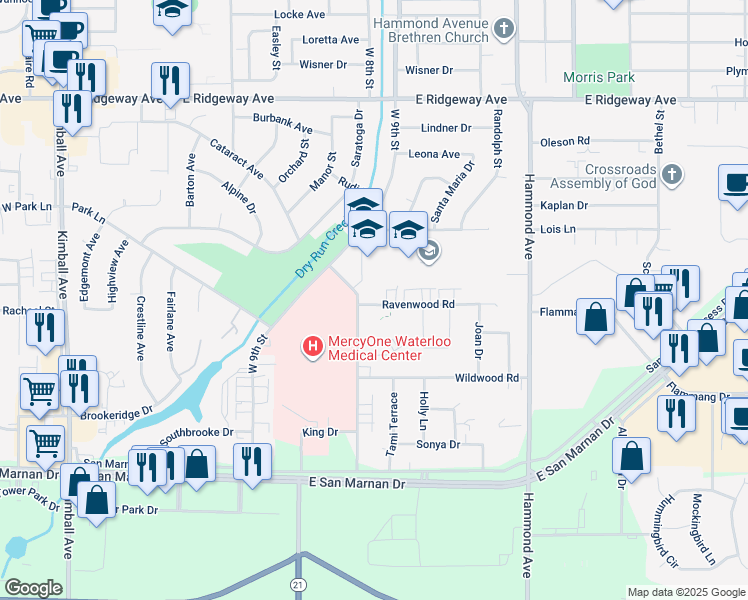 map of restaurants, bars, coffee shops, grocery stores, and more near 1127 Ravenwood Road in Waterloo