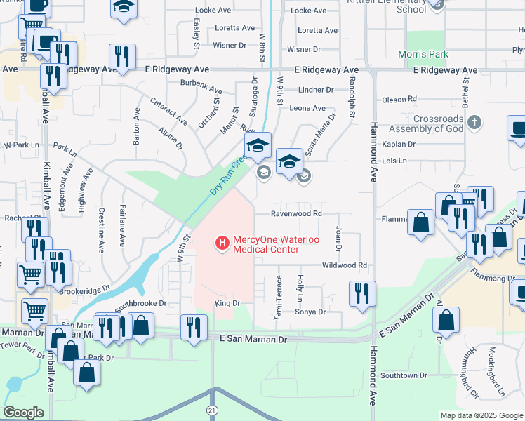 map of restaurants, bars, coffee shops, grocery stores, and more near 1127 Ravenwood Road in Waterloo