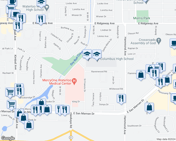 map of restaurants, bars, coffee shops, grocery stores, and more near 1127 Ravenwood Road in Waterloo