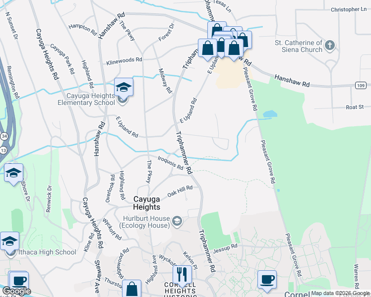 map of restaurants, bars, coffee shops, grocery stores, and more near 807 Triphammer Road in Ithaca