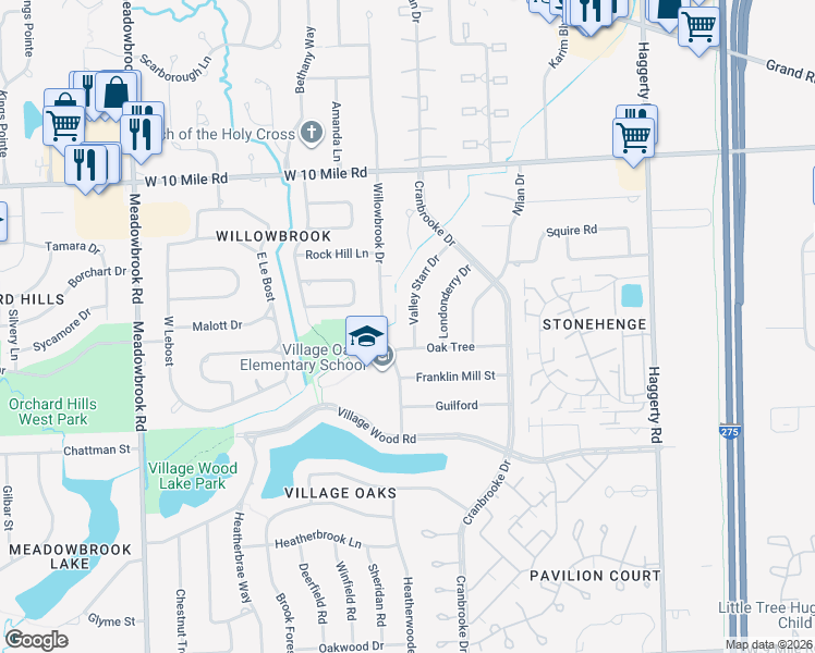 map of restaurants, bars, coffee shops, grocery stores, and more near 23648 Willowbrook Drive in Novi