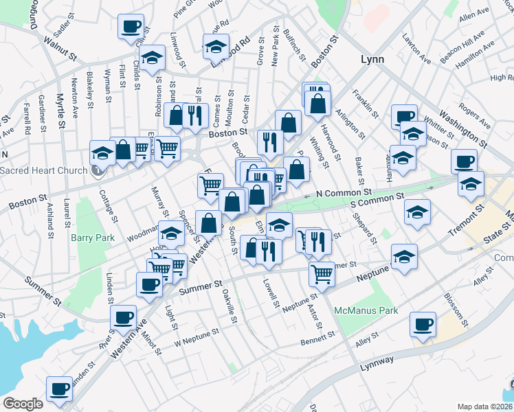 map of restaurants, bars, coffee shops, grocery stores, and more near 676 Massachusetts 107 in Lynn