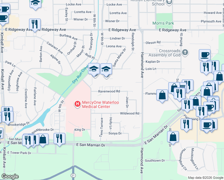 map of restaurants, bars, coffee shops, grocery stores, and more near 3742 Ravenwood Circle in Waterloo