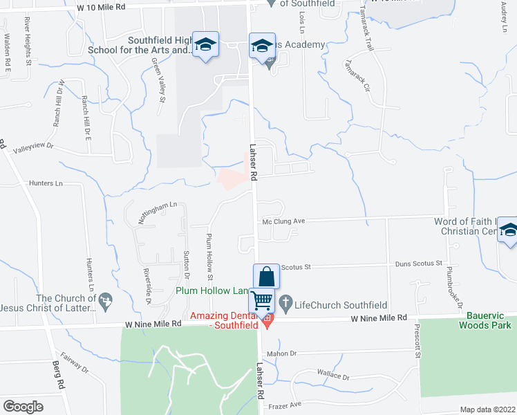 map of restaurants, bars, coffee shops, grocery stores, and more near 23660 Lahser Road in Southfield