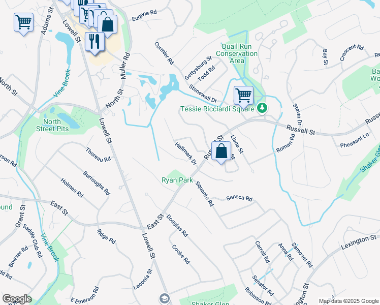 map of restaurants, bars, coffee shops, grocery stores, and more near 5 Hallmark Drive in Woburn