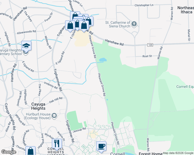 map of restaurants, bars, coffee shops, grocery stores, and more near 4 Pleasant Grove Lane in Ithaca