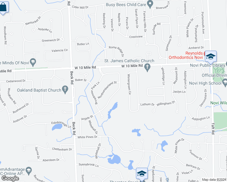 map of restaurants, bars, coffee shops, grocery stores, and more near 23921 Argyle Street in Novi
