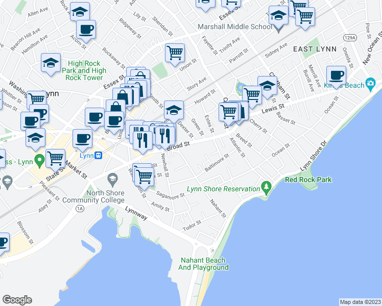 map of restaurants, bars, coffee shops, grocery stores, and more near 72 Broad Street in Lynn