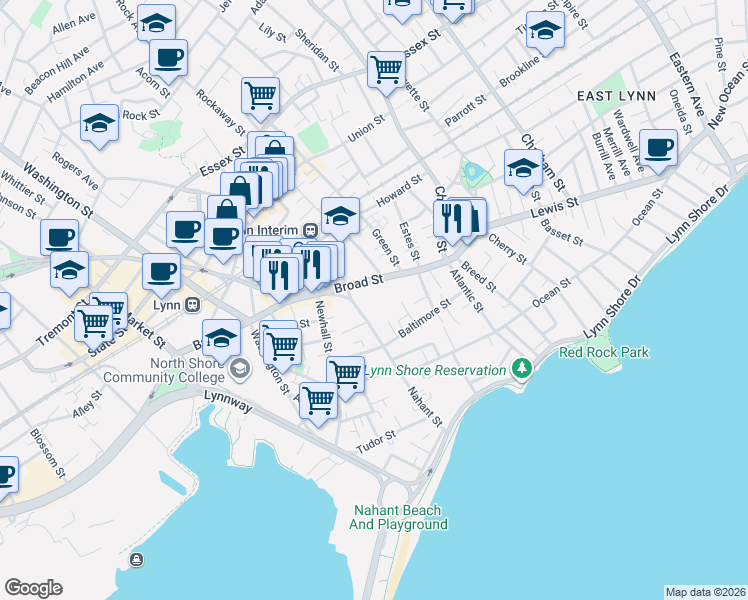 map of restaurants, bars, coffee shops, grocery stores, and more near 8 Nahant Place in Lynn
