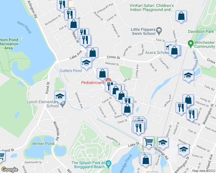map of restaurants, bars, coffee shops, grocery stores, and more near 955 Main Street in Winchester