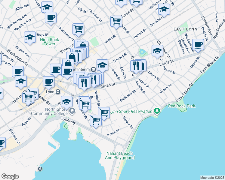 map of restaurants, bars, coffee shops, grocery stores, and more near 72 Broad Street in Lynn