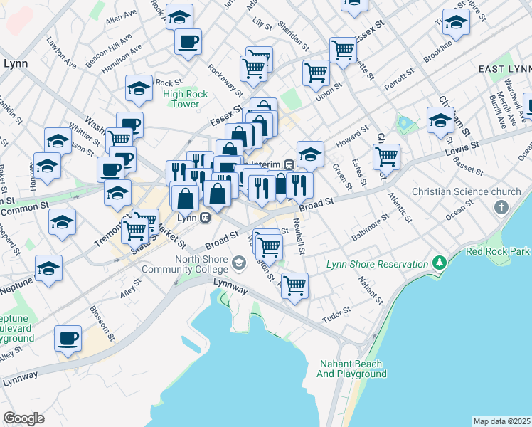 map of restaurants, bars, coffee shops, grocery stores, and more near 68 Exchange Street in Lynn