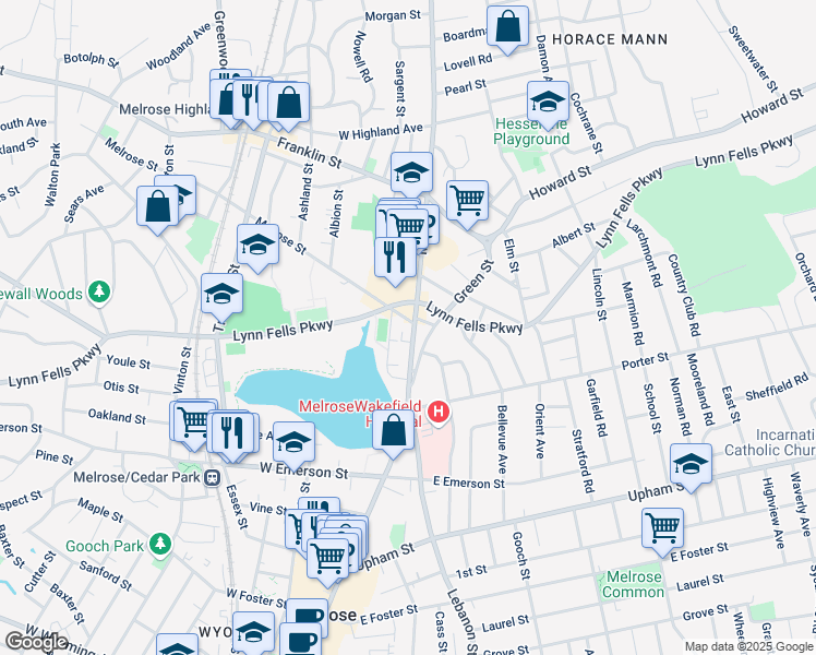 map of restaurants, bars, coffee shops, grocery stores, and more near in Melrose