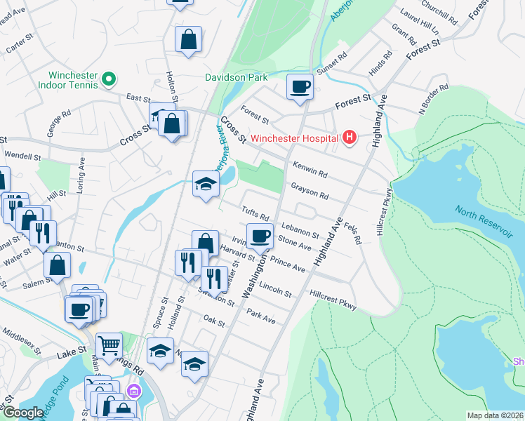 map of restaurants, bars, coffee shops, grocery stores, and more near 18 Nathaniel Road in Winchester