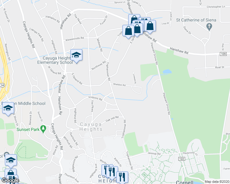 map of restaurants, bars, coffee shops, grocery stores, and more near 807 Triphammer Road in Ithaca