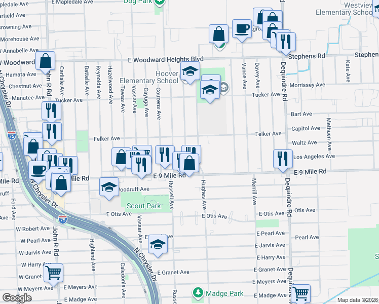 map of restaurants, bars, coffee shops, grocery stores, and more near 23132 Hoover Avenue in Hazel Park