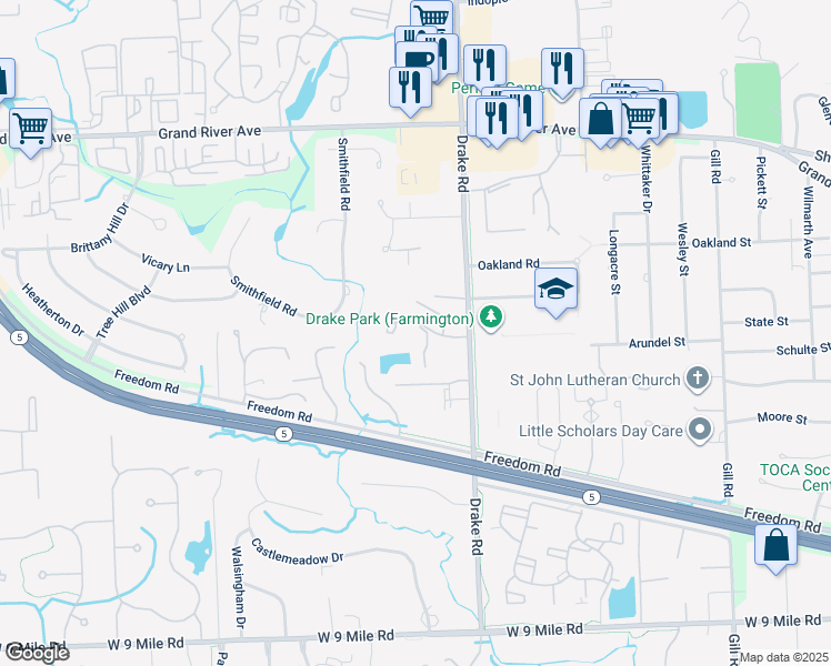 map of restaurants, bars, coffee shops, grocery stores, and more near 35560 Heritage Lane in Farmington