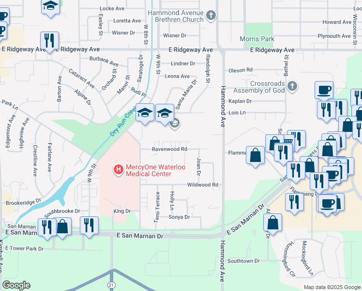 map of restaurants, bars, coffee shops, grocery stores, and more near 1237 Ravenwood Road in Waterloo