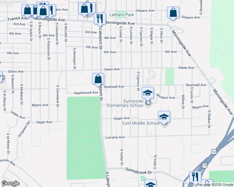 map of restaurants, bars, coffee shops, grocery stores, and more near 2600-2698 S Cedar St in Sioux City