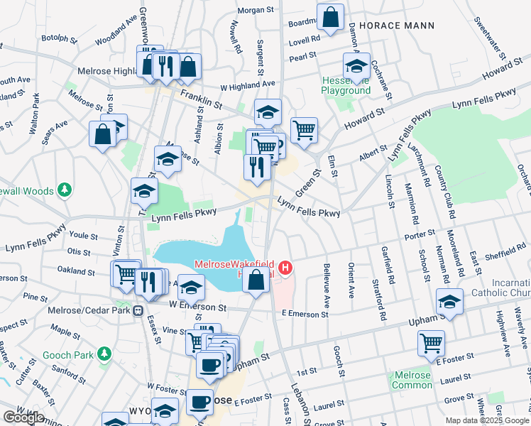 map of restaurants, bars, coffee shops, grocery stores, and more near in Melrose