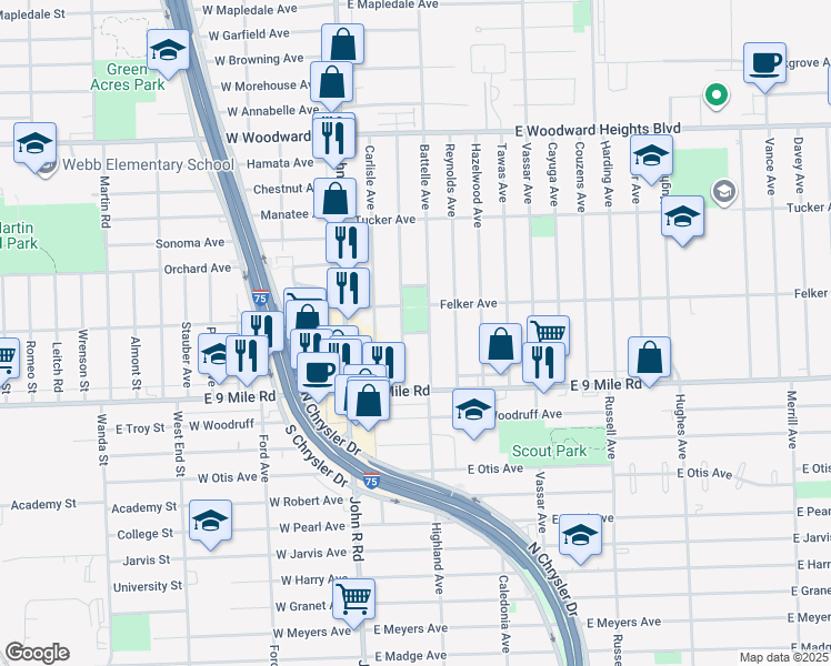 map of restaurants, bars, coffee shops, grocery stores, and more near 23137 Easterling Avenue in Hazel Park