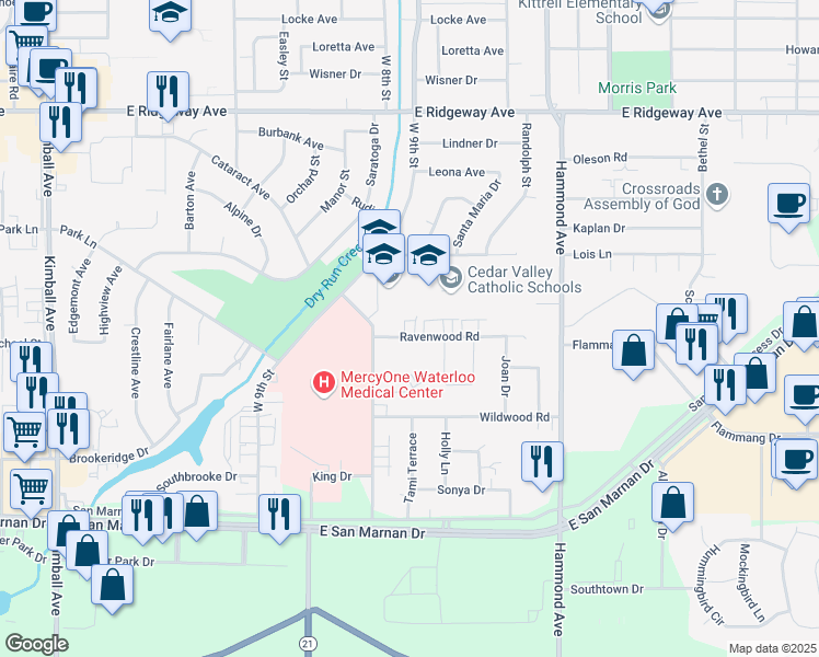 map of restaurants, bars, coffee shops, grocery stores, and more near 1137 Ravenwood Road in Waterloo