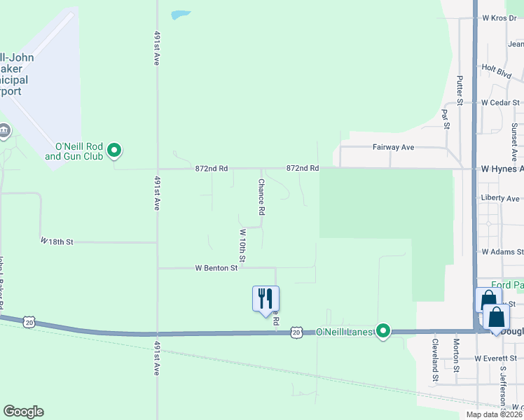 map of restaurants, bars, coffee shops, grocery stores, and more near Chance Road in Holt County