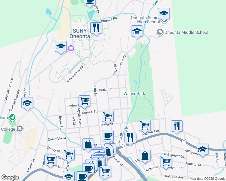 map of restaurants, bars, coffee shops, grocery stores, and more near 41 Cedar Street in Oneonta