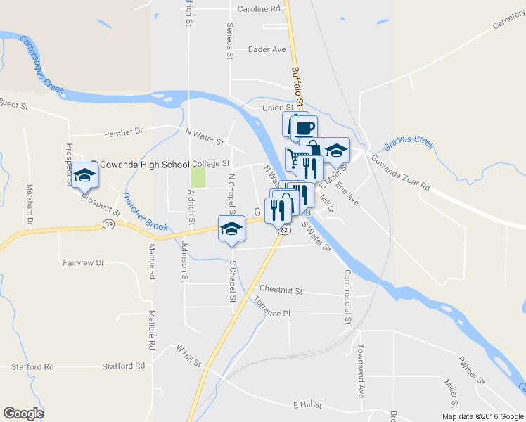 map of restaurants, bars, coffee shops, grocery stores, and more near 53 West Main Street in Gowanda