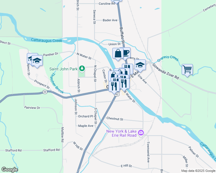 map of restaurants, bars, coffee shops, grocery stores, and more near 53 West Main Street in Gowanda