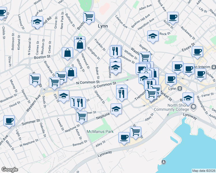 map of restaurants, bars, coffee shops, grocery stores, and more near 74 South Common Street in Lynn