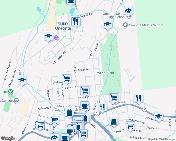 map of restaurants, bars, coffee shops, grocery stores, and more near 41 Cedar Street in Oneonta