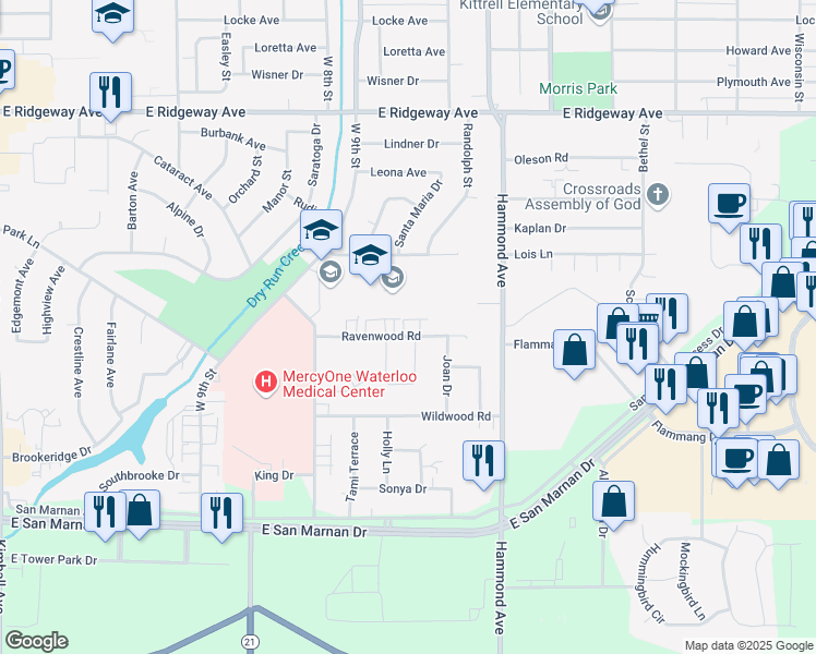 map of restaurants, bars, coffee shops, grocery stores, and more near 1237 Ravenwood Road in Waterloo