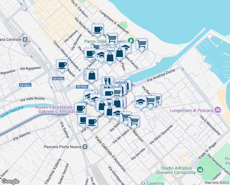 map of restaurants, bars, coffee shops, grocery stores, and more near 26 Via Lungaterno Sud in Pescara
