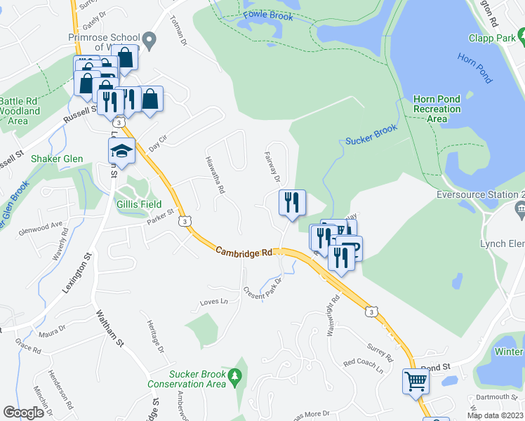 map of restaurants, bars, coffee shops, grocery stores, and more near 5 Ledgewood Road in Woburn