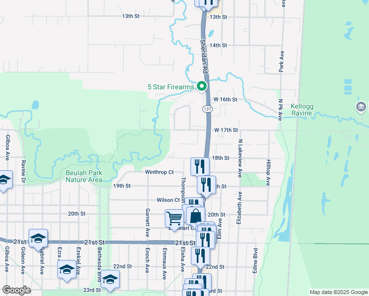 map of restaurants, bars, coffee shops, grocery stores, and more near 10066 West Logan Court in Zion