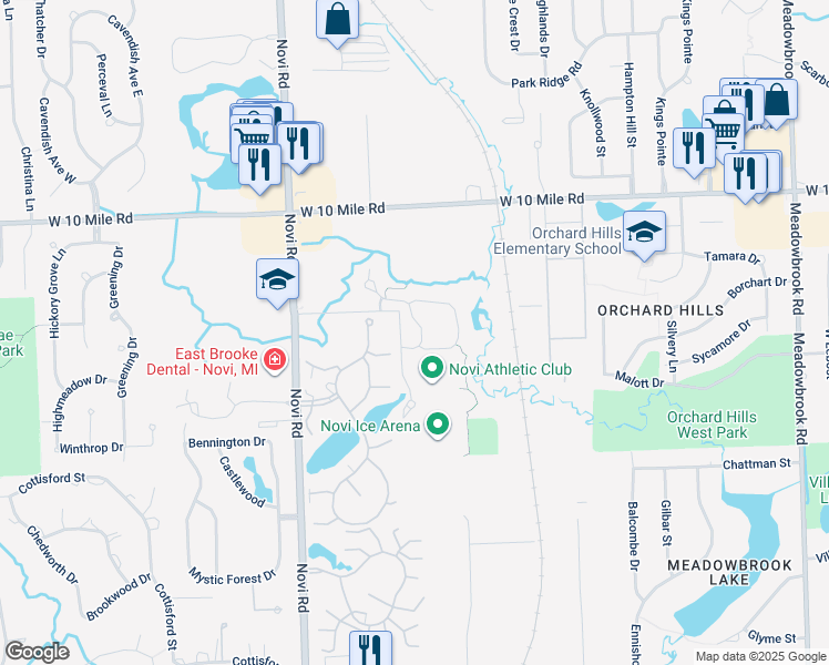 map of restaurants, bars, coffee shops, grocery stores, and more near 23789 Seminole Trail in Novi