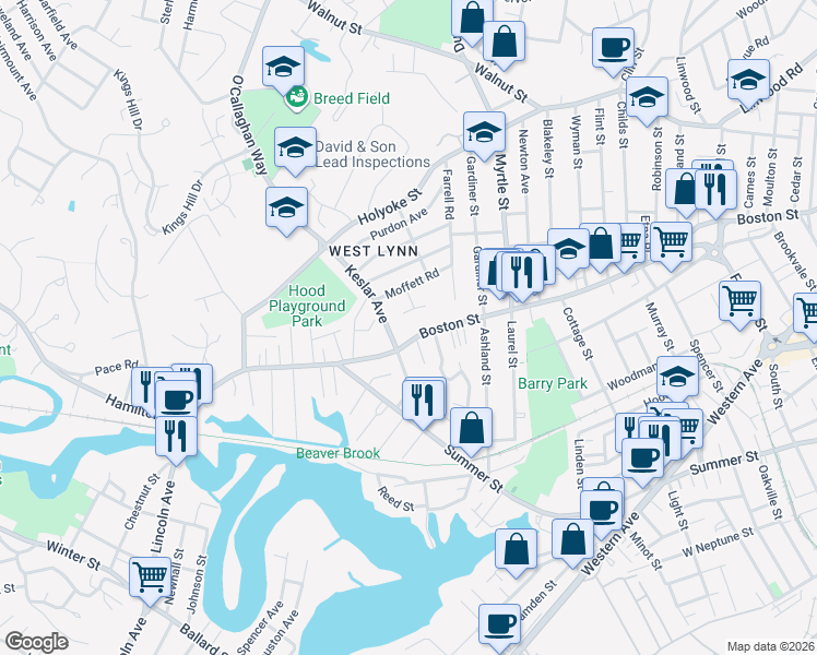 map of restaurants, bars, coffee shops, grocery stores, and more near 663 Boston Street in Lynn