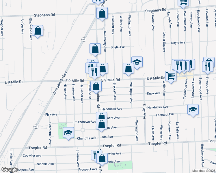 map of restaurants, bars, coffee shops, grocery stores, and more near 13653 Hobart Avenue in Warren