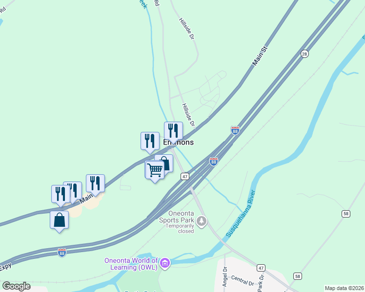 map of restaurants, bars, coffee shops, grocery stores, and more near 5646 Main Street in Oneonta
