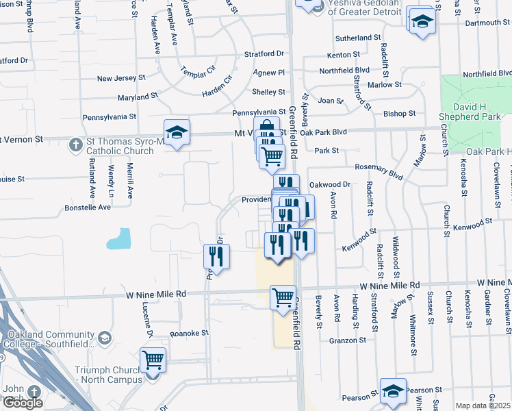 map of restaurants, bars, coffee shops, grocery stores, and more near 15667 Stone Crossing Drive in Southfield