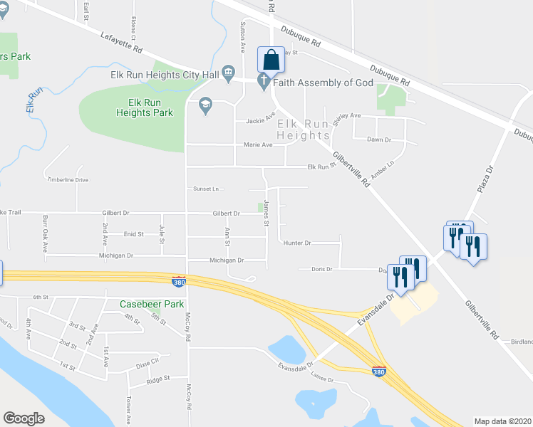 map of restaurants, bars, coffee shops, grocery stores, and more near James Street in Elk Run Heights