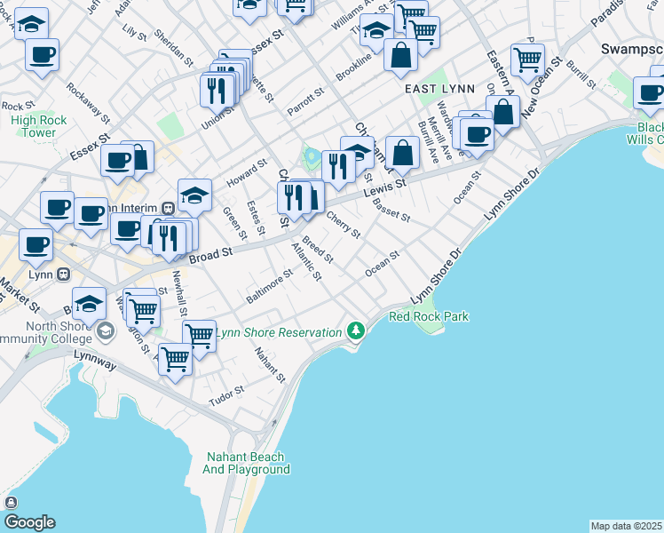 map of restaurants, bars, coffee shops, grocery stores, and more near 48 Breed Street in Lynn