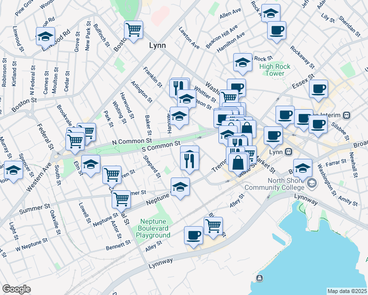 map of restaurants, bars, coffee shops, grocery stores, and more near in Lynn