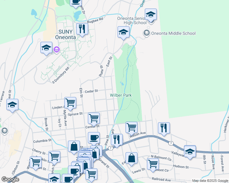 map of restaurants, bars, coffee shops, grocery stores, and more near 51 Cedar Street in Oneonta