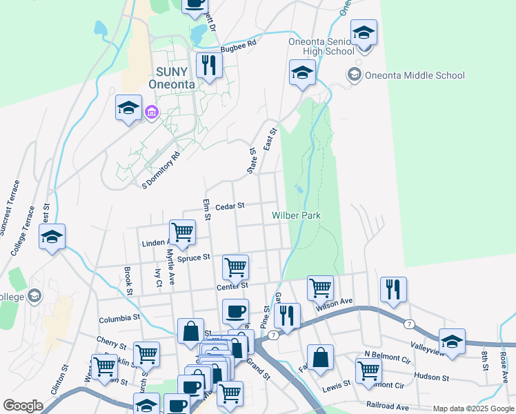 map of restaurants, bars, coffee shops, grocery stores, and more near 41 Cedar Street in Oneonta