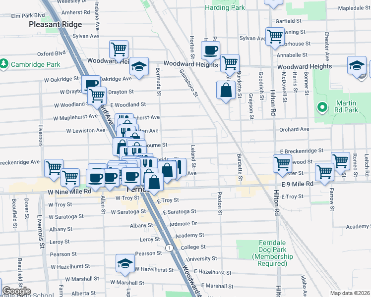 map of restaurants, bars, coffee shops, grocery stores, and more near 371 East Cambourne Street in Ferndale