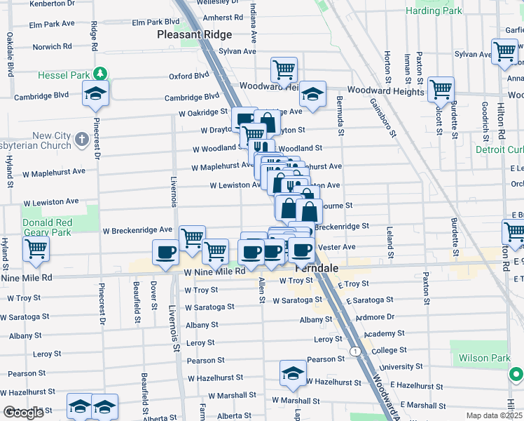 map of restaurants, bars, coffee shops, grocery stores, and more near 170 West Cambourne Street in Ferndale